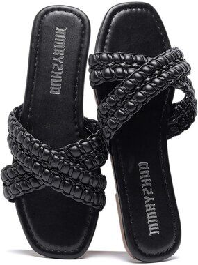 Women's Black Faux Leather Flat Sandals Comfortable Slip On Braided